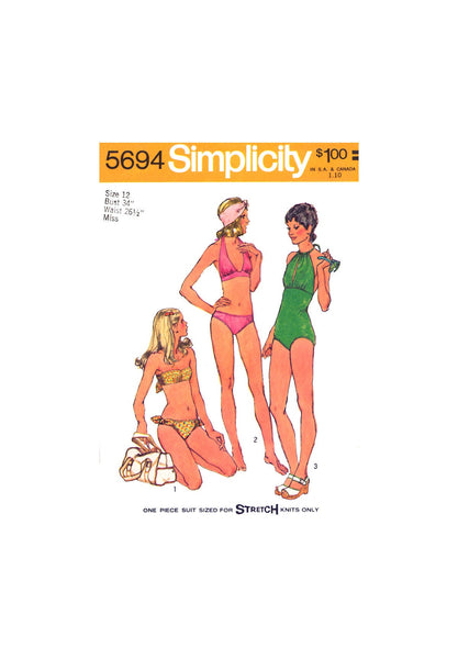 70s Halter Neck or Bandeau Bikini and One Piece Halter Swimsuit, Bust 34" (87 cm), Simplicity 5694, Sewing Pattern Reproduction