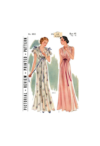 30s Sleeveless or Short Sleeve Nightgown with V-Neckline and Shirred Shoulders, Bust 42, Pictorial Review 8852 Sewing Pattern Reproduction