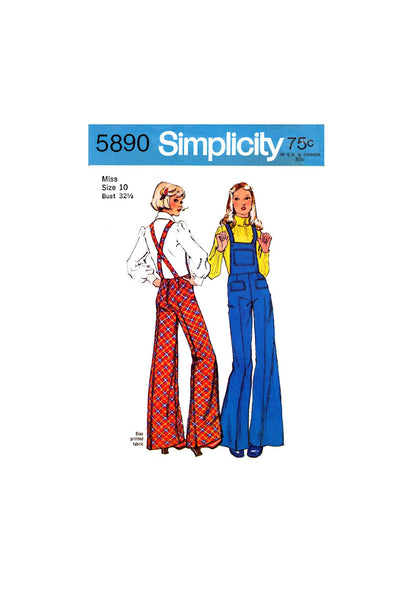 70s Rare Bell Bottom Overalls with Crossover Suspenders, Size 8, 10 or 12, Simplicity 5890 Vintage Sewing Pattern Reproduction