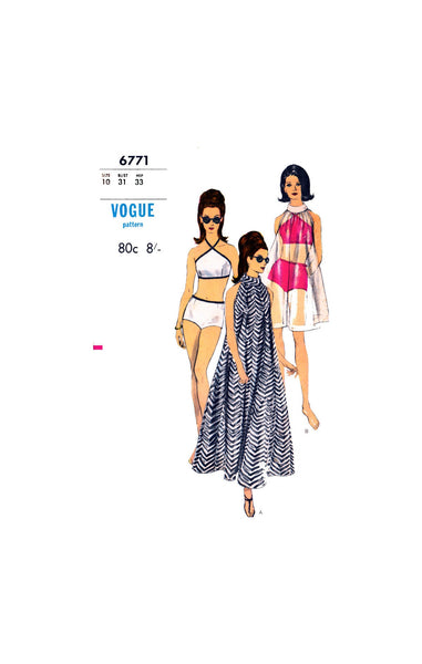 60s Halter Neck Bikini and Coverup or Tent Dress in Two Lengths, Bust 31", Hip 33", Vogue 6771 Vintage Sewing Pattern Reproduction,