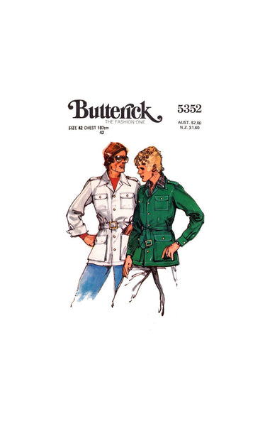 70s Men's Semi-Fitted Safari Jacket and Belt Chest 42", Butterick 5352, Sewing Pattern Reproduction