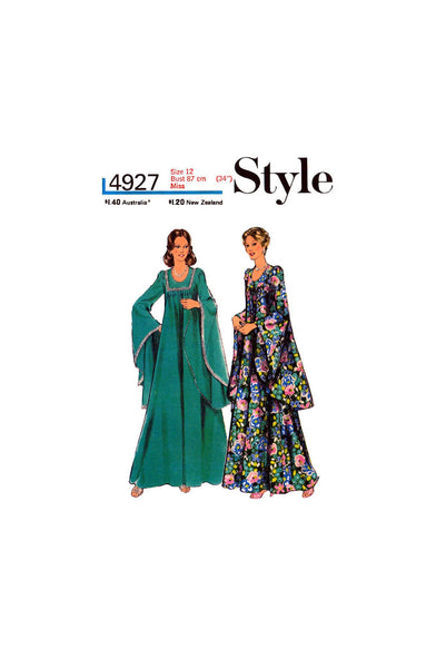 70s Evening Caftan with Godet Sleeves, Bust 32.5"  (83 cm), 34" (87 cm) or 36" (92 cm), Style 4927, Vintage Sewing Pattern Reproduction