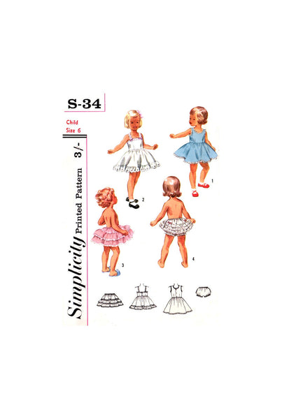 50s Child's Slip, Petticoat and Ruffled Panties, Size 6, Simplicity S-34, Vintage Sewing Pattern Reproduction