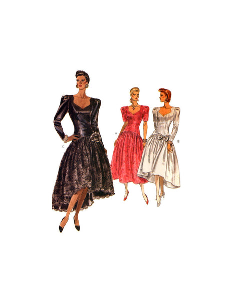 Vogue 7614 Drop Waist Dress with Skirt in Two Lengths, Sleeve Length and Detail Variations, Uncut, Factory Folded Sewing Pattern Size 12-16