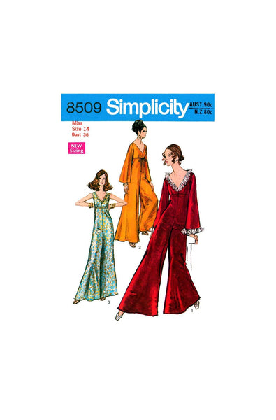 70s Ankle Length Bell Bottom Pantdress with or without Sleeves, Bust 36" (92 cm), Simplicity 8509, Vintage Sewing Pattern Reproduction