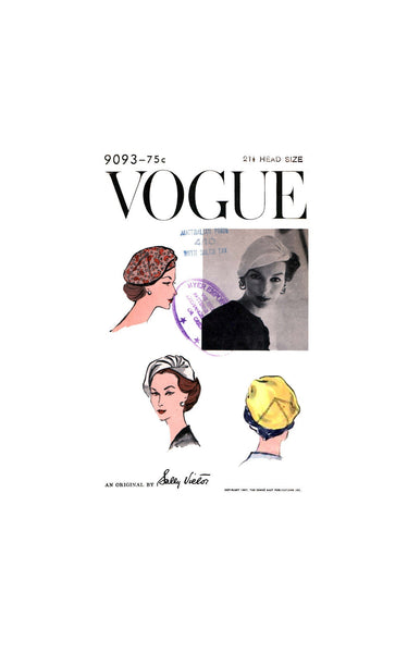 50s Elegant Women's Hat by Sally Victor, Head Size 21.5" (55 cm), Vogue 9093 Vintage Sewing Pattern Reproduction