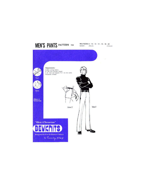 70s Men's Straight Leg Pants or Shorts in Multisizes, Waist 30"-44" (76-112 cm), Bevknits 7004, Vintage Sewing Pattern Reproduction