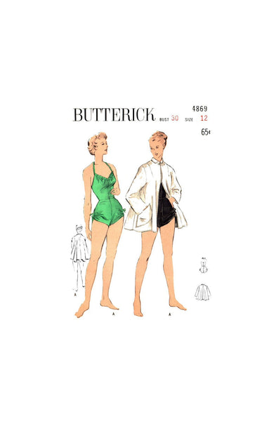 40s Halter Neck Bathing Suit and Flared Beach Coat, Bust 30", Butterick 4869, Vintage Sewing Pattern Reproduction