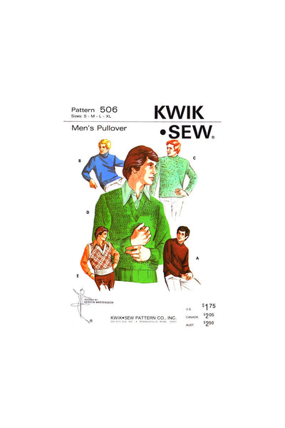 70s Men's Pullover with Four Neckline Variations and Vest, Chest 34"-48" (86-106 cm), Kwik Sew 506, Vintage Sewing Pattern Reproduction