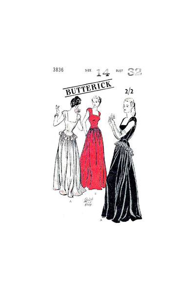 30s Evening Dance Dress with Basque Bodice and Peplum, Bust 32" (81.5 cm), Butterick 3836, Rare Vintage Sewing Pattern Reproduction