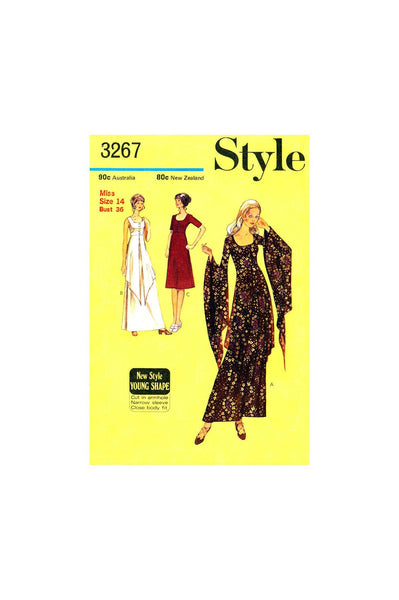 70s Boho Dress with Peplum and Sleeve Variations, Bust 36" (92 cm), Style 3267, Vintage Sewing Pattern Reproduction