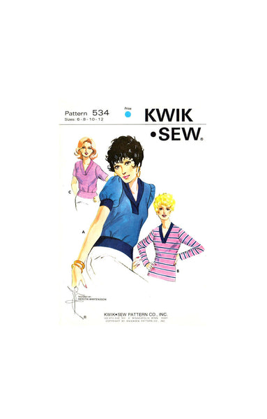 70s Pullover Knit Top with Sleeve and Neckline Variations, Bust 32.5"- 37" (83-94 cm), Kwik Sew 534, Vintage Sewing Pattern Reproduction