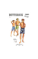 60s Mens' Above Knee Length Casual or Board Shorts with Drawstring Waist, Size 28-30 or 32-36,  Butterick 3960, Sewing Pattern Reproduction,