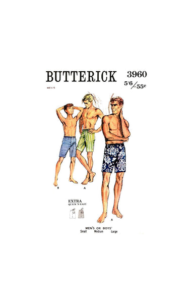 60s Mens' Above Knee Length Casual or Board Shorts with Drawstring Waist, Size 28-30 or 32-36,  Butterick 3960, Sewing Pattern Reproduction,