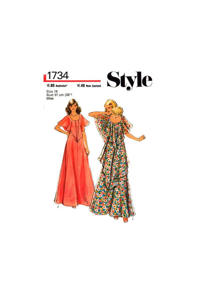 70s Evening Maxi Dress with Flounced Sleeves and Optional Skirt Flounce, Bust 38" (97 cm), Style 1734, Vintage Sewing Pattern Reproduction