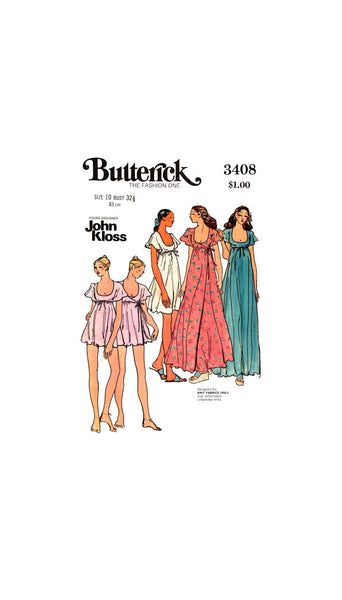 70s John Kloss Baby Doll, Gown and Robe with Flared Cape Sleeves, Bust 32.5" (83 cm), Butterick 3408, Vintage Sewing Pattern Reproduction