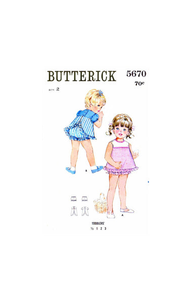 60s Toddlers' One Piece Dress and Bloomers, Size 2 Breast 21, Butterick 5670, Vintage Sewing Pattern Reproduction