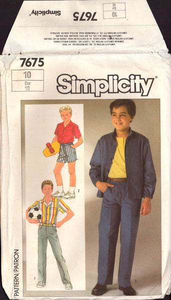 Simplicity 7675 Sewing Pattern Boys' Pants Or Shorts Shirt Jacket Size 10 Uncut Factory Folded