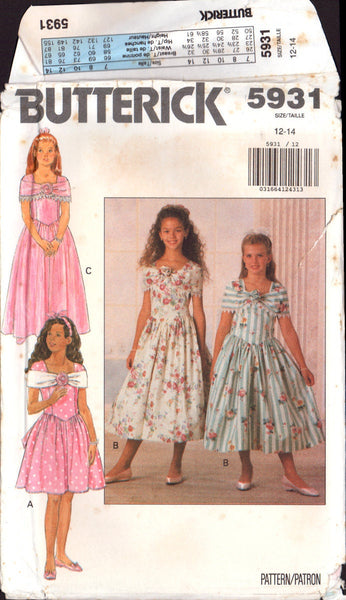 Butterick 5931 Sewing Pattern Girls' Dress Size 12-14 Uncut Factory Folded