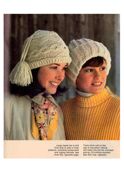 Vintage 70s Aran Hat and Roll Cap Patterns Instant Download PDF 2 pages