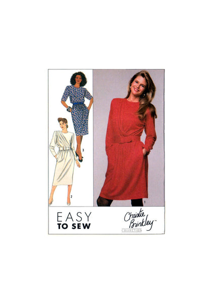Simplicity 9392 Christie Brinkley Short or Long Sleeve Front Draped Dress in Two Lengths, U/C, Factory Folded Sewing Pattern Multi Size 6-12
