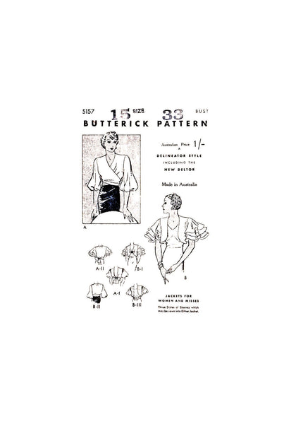30s Evening Jackets with Sleeve Variations, Bust Size 33" (84 cm), Butterick 5157, Very Rare Vintage Sewing Pattern Reproduction
