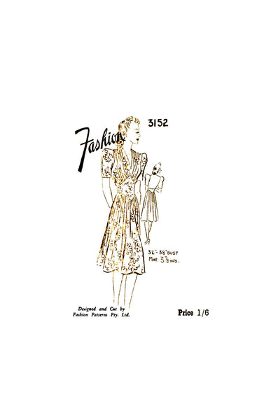 30s Dress with Shaped Midriff, Pleated Bodice and Skirt, Bust Size 32" (81 cm), Fashion 3152, Rare Vintage Sewing Pattern Reproduction