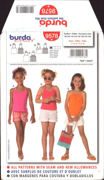 Burda 9578 Sewing Pattern Girls' Top Size 3-10 Uncut Factory Folded