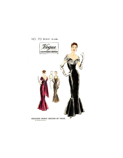 50s Evening Dress with Side Flounces & Optional Shoulder Drapery, Bust 36" Hip 39", Vogue Couturier 713, Vintage Sewing Pattern Reproduction