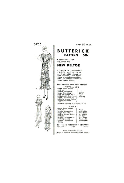 30s Sleeveless or Long Sleeve Dress with Tiers and Optional Bertha Collar, Bust 40" (102 cm), Butterick 3755, Sewing Pattern Reproduction