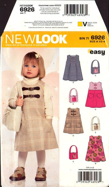 New Look 6926 Sewing Pattern Dress Handbag Size 1/2-4 (6 months) Uncut Factory Folded