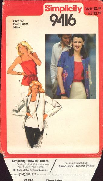 Simplicity 9416 Sewing Pattern Jacket Camisole Size 10 Uncut Factory Folded