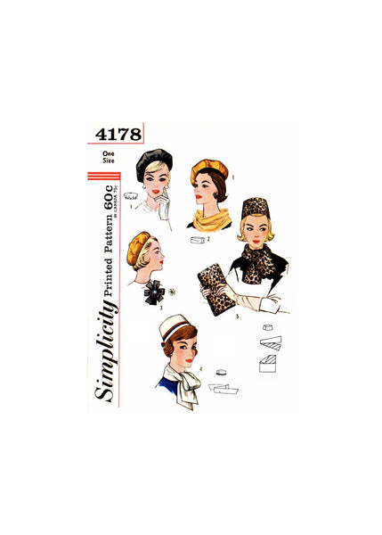 60s Pillbox Hat, Reversible Beret, Scarves, Bag and Rosette, One Size, Simplicity 4178, Vintage Sewing Pattern Reproduction