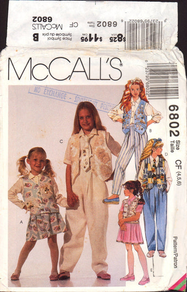 McCall's 6802 Sewing Pattern Children's Vest Shirt Skirt Pants Tie, Size 4-5-6 OR 10-12-14 Uncut Factory Folded