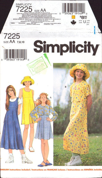 Simplicity 7225 Sewing Pattern Dress Jacket Jumper Hat Size 7-8-10 Uncut Factory Folded