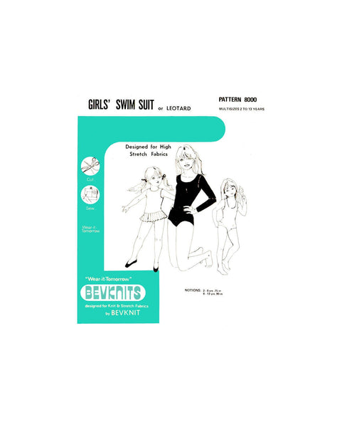 70s Girls' or Child's One Piece Swimsuit or Leotard, Bevknits 8000, Multi-Size 2-13 Years, Vintage Sewing Pattern Reproduction