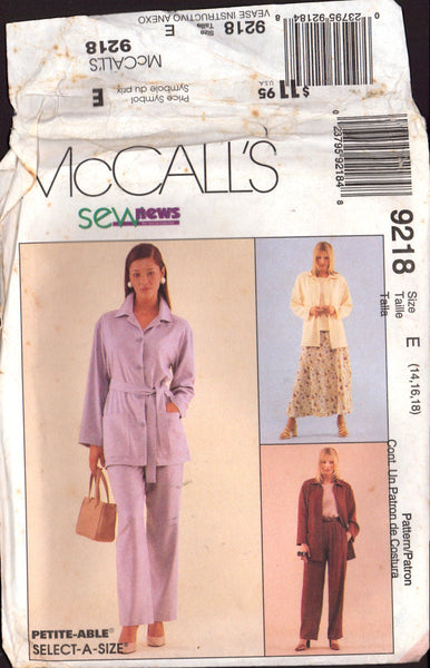 McCall's 9218 Sewing Pattern Jacket Top Skirt Pants Size 8-10-12 or 14-16-18 Uncut Factory Folded