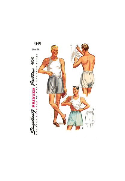 50s Men's Adjustable Waistband Shorts, Size 38, Simplicity 4149, Vintage Sewing Pattern Reproduction