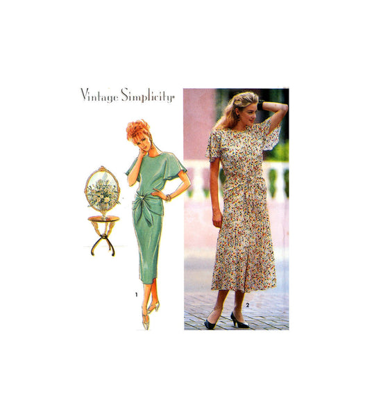 Simplicity 7813 Flutter Sleeve Dress with Slim or Flared Skirt and Center Self Wrap Tie, Uncut, Factory Folded Sewing Pattern Size 6-10