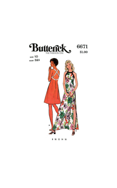 70s Halter Neck Sundress in Two Lengths with Criss Cross Back, Bust 32.5" (83 cm) Butterick 6671, Vintage Sewing Pattern Reproduction