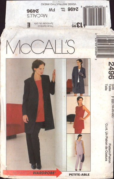 McCall's 2496 Sewing Pattern Coat Top Pants Skirt Size 18-20-22 Uncut Factory Folded