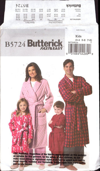 Butterick 5724 Sewing Pattern Children's Women's Men's Robe Belt Size 3-8 Uncut Factory Folded