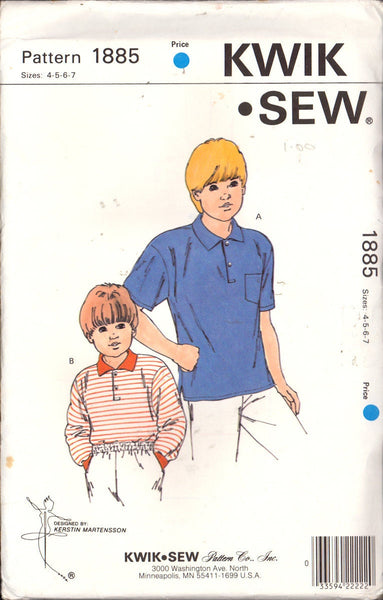 Kwik Sew 1885 Sewing Pattern Boys' Shirts Size 4-5-6-7 Uncut Factory Folded