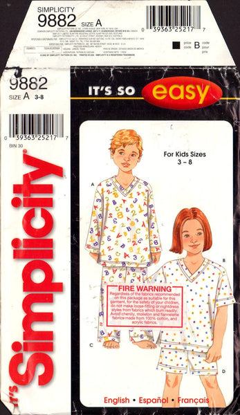 Simplicity 9882 Sewing Pattern Child's Pajama Top and Pants or Shorts Size 3-8 Uncut Factory Folded