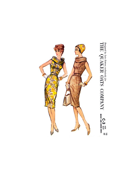 50s Slim Skirt Dress with Rolled Bias Collar by Luis Estévez, Bust 32" (81 cm) McCall's C-3, Vintage Sewing Pattern Reproduction