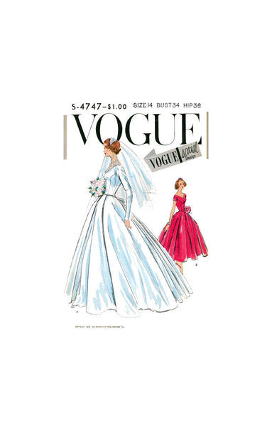 50s Classic Bride or Bridesmaid's Dress with Long or Short Sleeves, Bust 34 or 36, Vogue Special Design S-4747 Sewing Pattern Reproduction