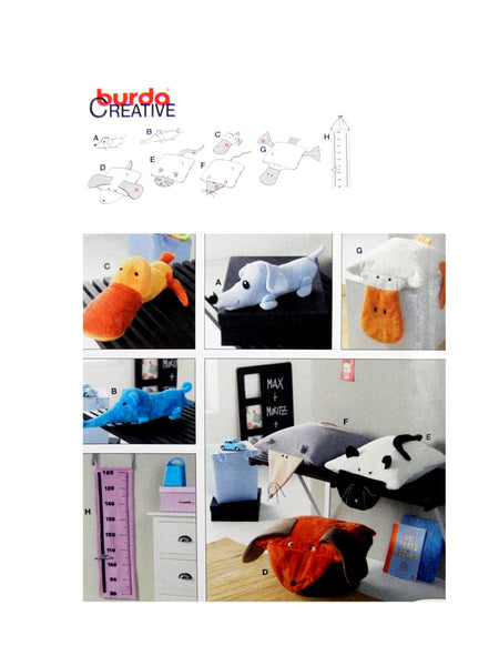 Burda 7754 Children's Stuffed Animals, Cushions & Wall Mounted Measuring Tape/Growth Chart Uncut, Factory Folded, Sewing Pattern
