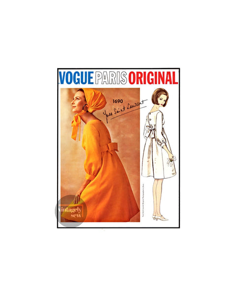60s High Waist Dress with Flared Skirt, Bust 32" (81 cm) Vogue Paris Original 1690 Vintage Sewing Pattern Reproduction