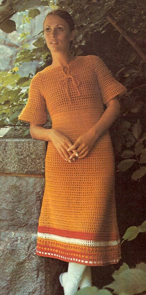 Vintage 70s Midi Dress Crochet Pattern Instant Download PDF 2 pages