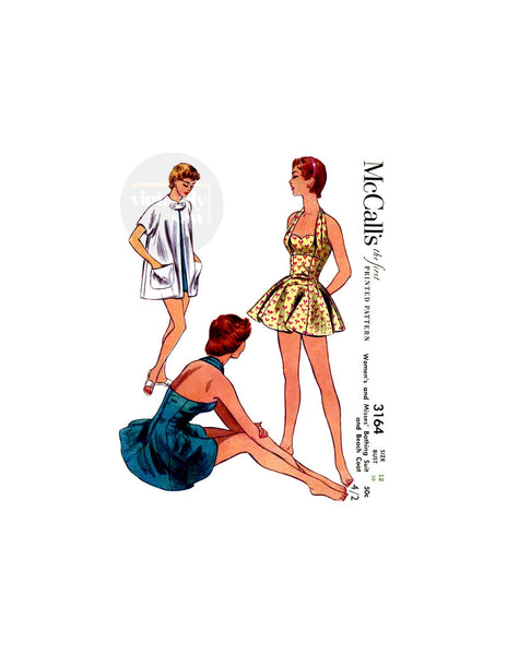 40s Women's Halter Bathing Suit and Beach Coat, Bust 30" (76.5 cm), Hip 33" (83.5 cm) McCall's 3164, Vintage Sewing Pattern Reproduction